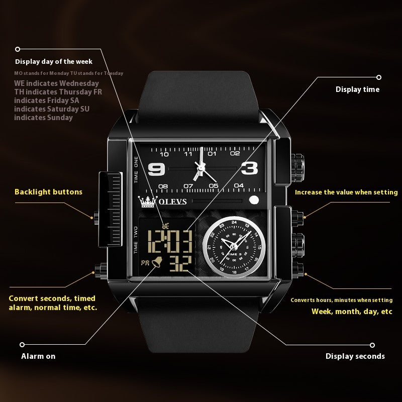 Orologio da uomo Olevs impermeabile, cronografo digitale, multifunzione, movimento al quarzo, orologio elettronico