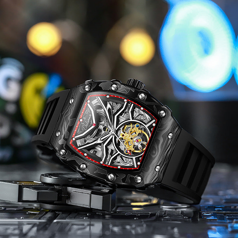 Dulunwe Fashion Skeleton Flywheel Sports Watches For Men Automatic Mechanical Watch Luxury Luminous WristWatch