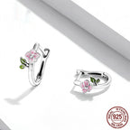 S925 Sterling Silver Spring Cherry Blossom Ear Studs Flower Green Leaf Earrings