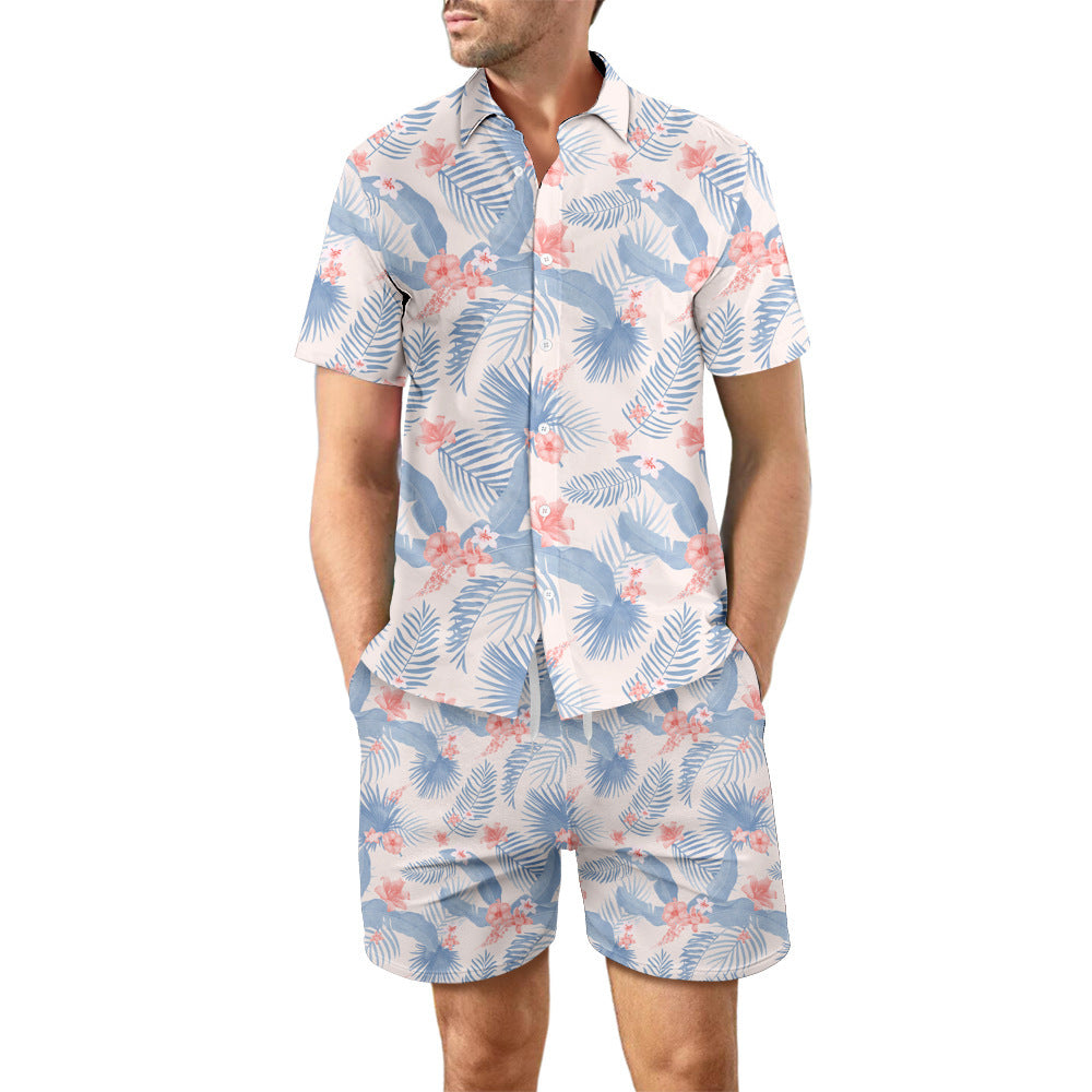 Men's Fashionable Casual Shirt 2Pcs Printed Suit Sets Loose Lapel Button Top Pure Cotton Men's Short Sleeve Shirt - Acquisti Online