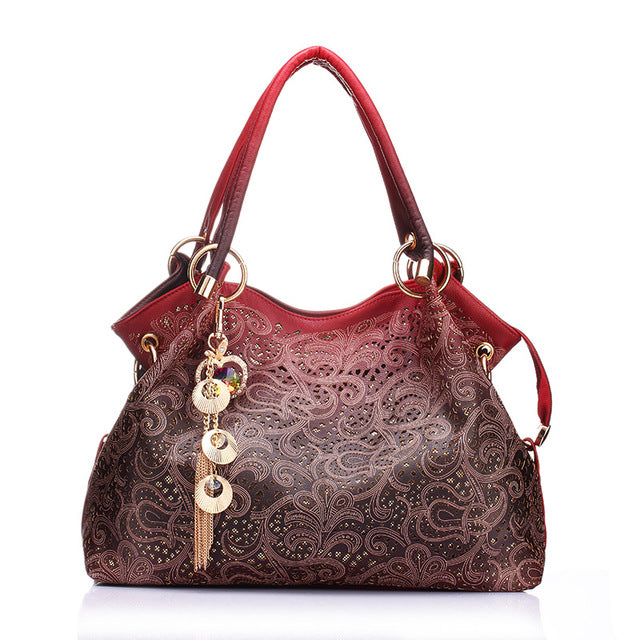 Women Handbag Hollow 0ut Ombre Handbag Floral Print Shoulder Bag Large Capacity Fashion Pu Leather Women Handbag