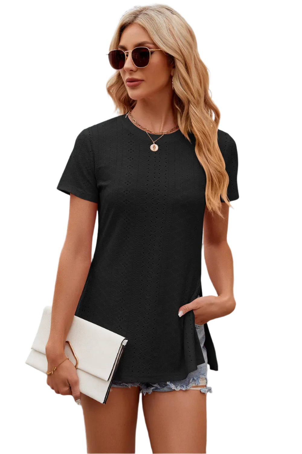 Effen ronde hals, losse T-shirt met korte mouwen en split voor dames