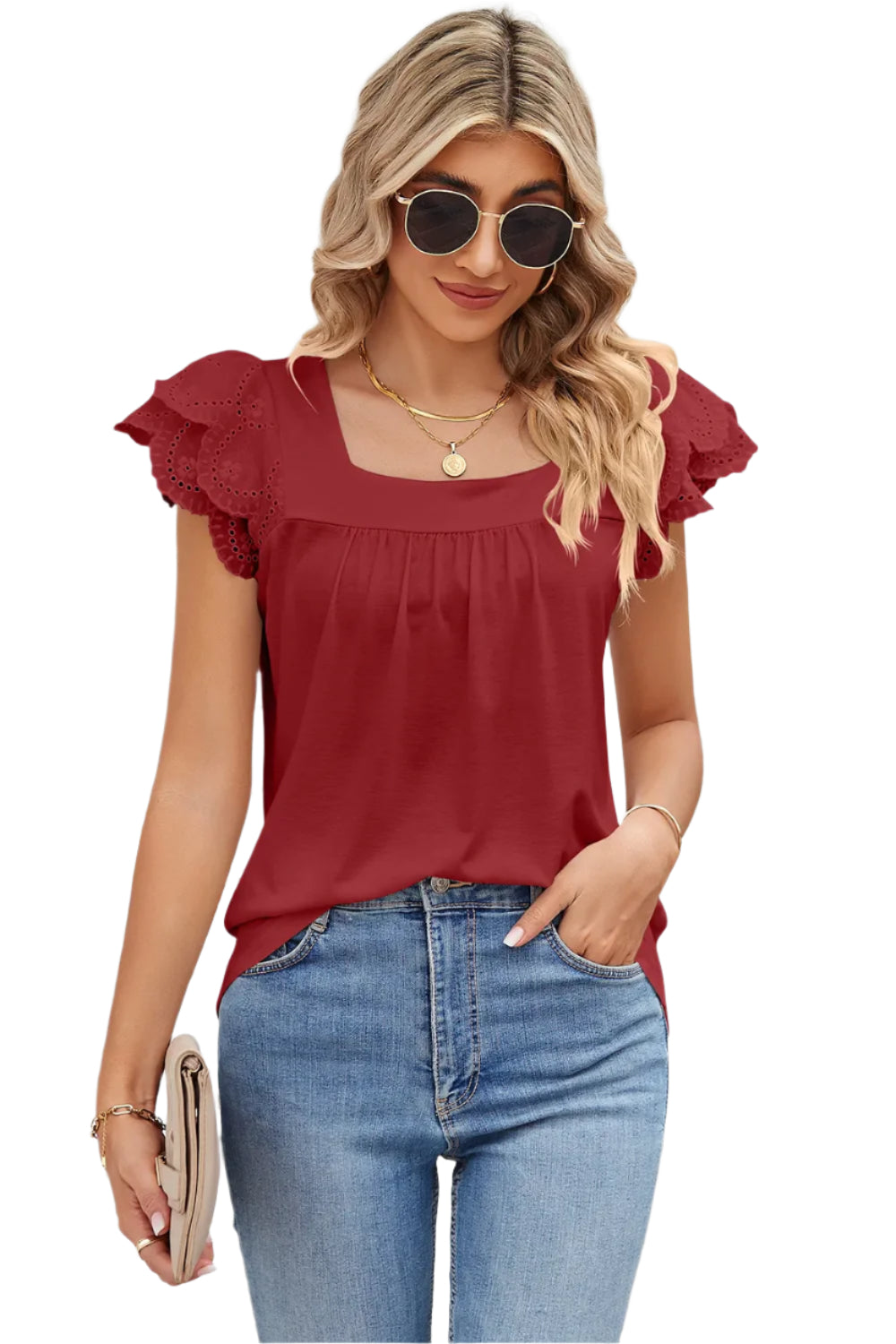 Effen T-shirt met korte mouwen en kanten patchwork, vierkante kraag en bloemblaadjesmotief voor dames
