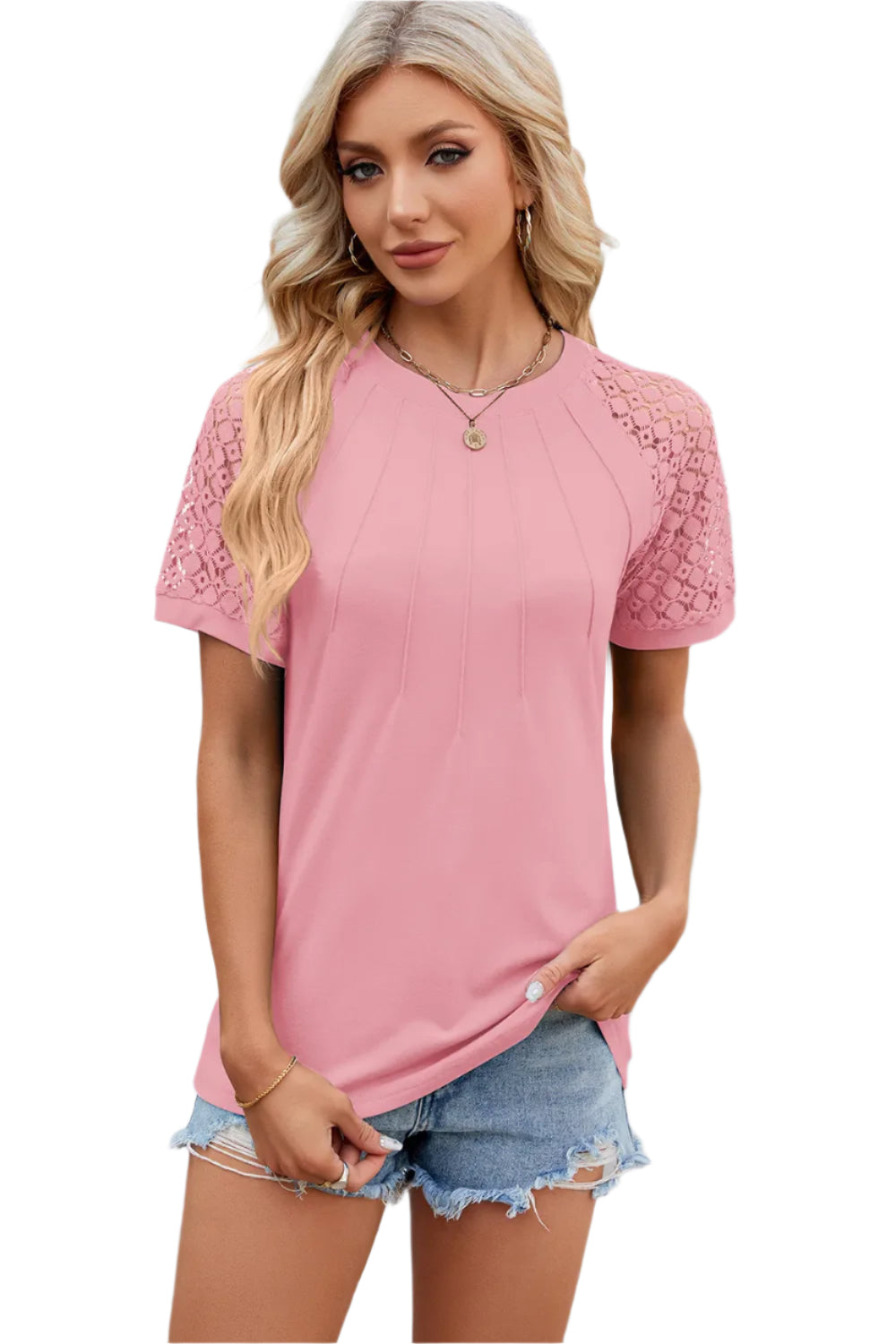 T-shirttop met ronde hals, kantpatchwork en korte mouwen voor dames