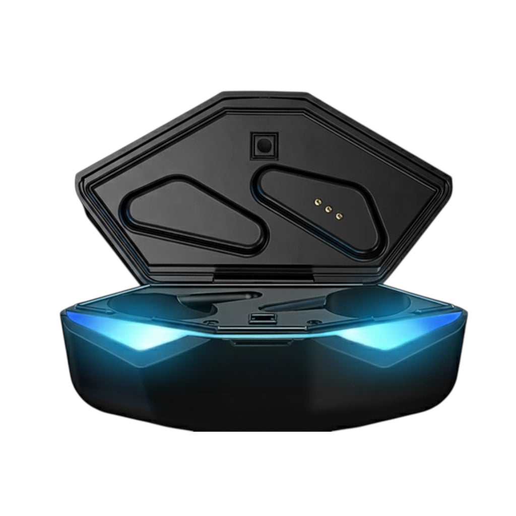 Black electronic device with a blue light on a white background