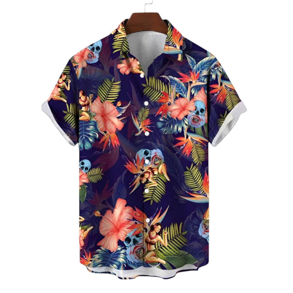 Camicia casual alla moda da uomo in fibra di poliestere tinta unita con motivo floreale, abbigliamento da uomo in stile marittimo, camicia casual stampata