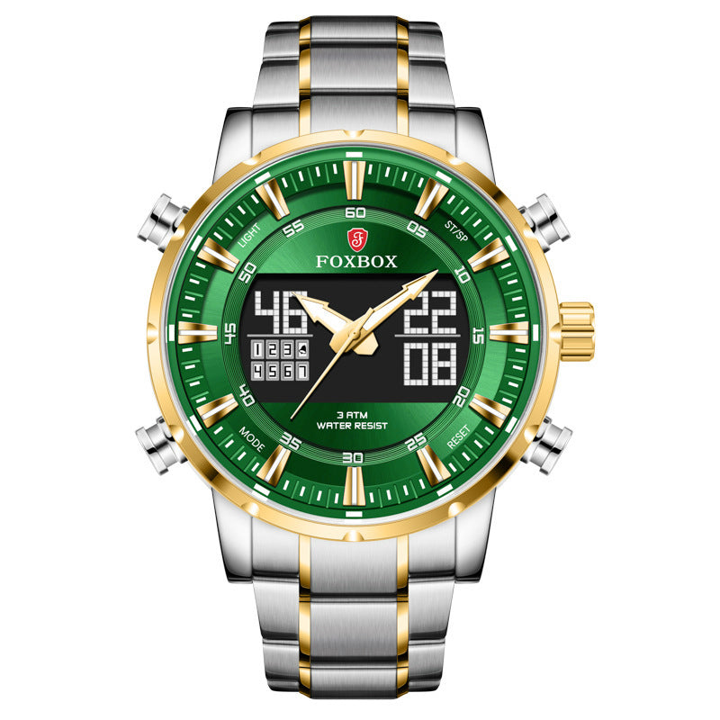 A men's dual display multifunctional sports watch with a blue dial, silver and gold casing, and a stainless steel band.