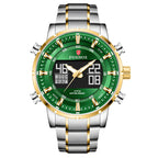 A men's dual display multifunctional sports watch with a blue dial, silver and gold casing, and a stainless steel band.