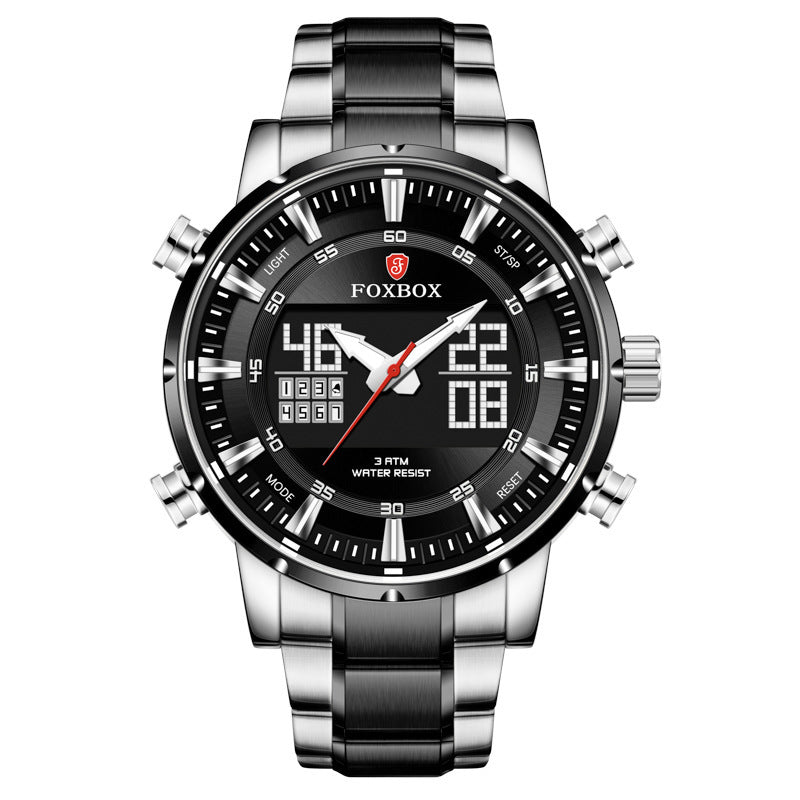 A men's dual display multifunctional sports watch with a blue dial, silver and gold casing, and a stainless steel band.