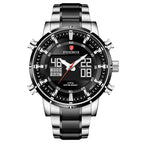 A men's dual display multifunctional sports watch with a blue dial, silver and gold casing, and a stainless steel band.