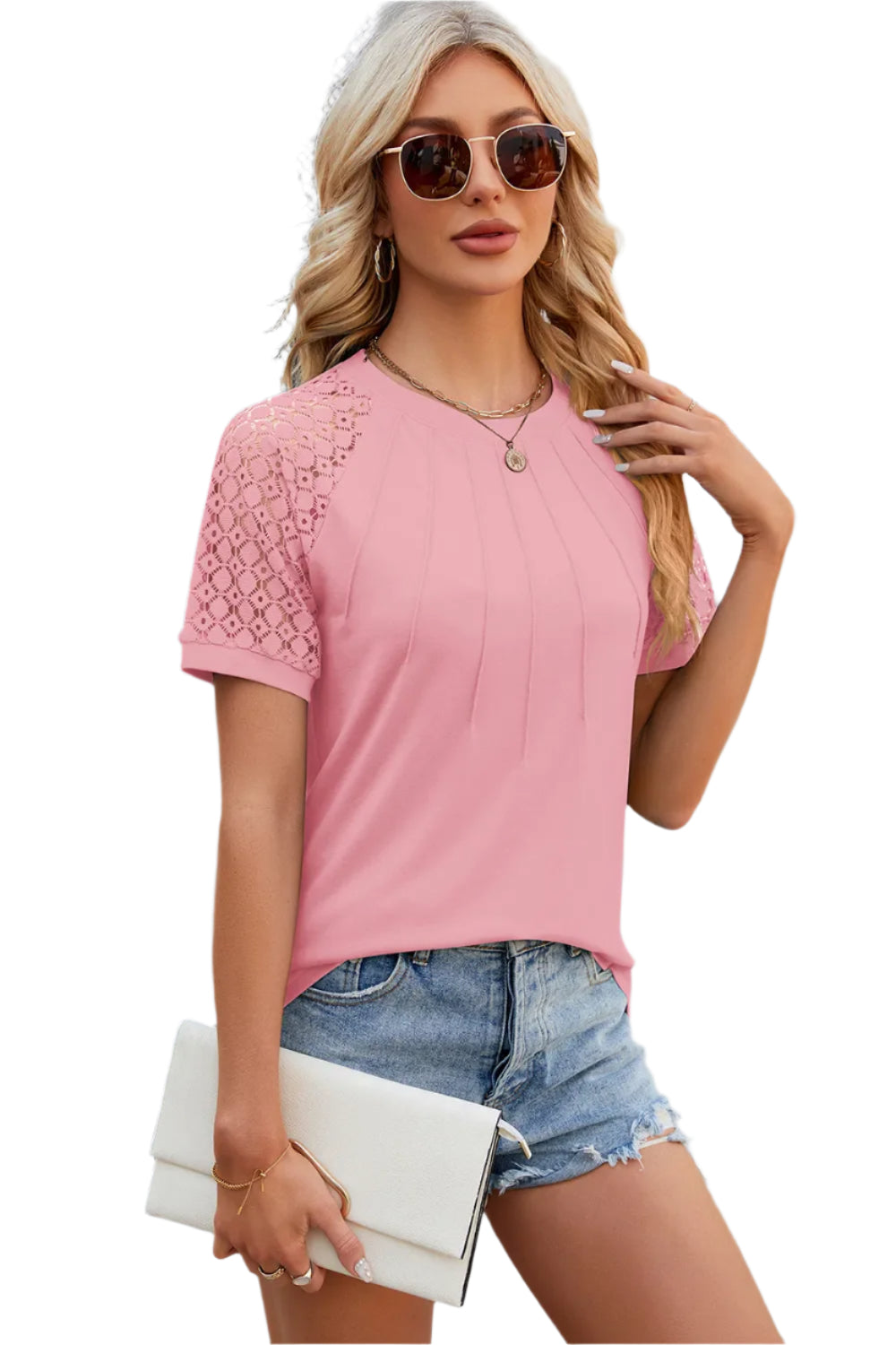 T-shirttop met ronde hals, kantpatchwork en korte mouwen voor dames