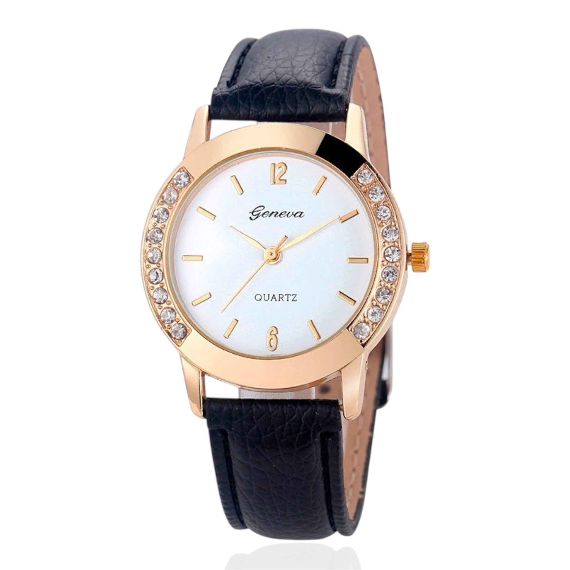 Geneva Fashion Women Watches Leather Band Quartz Watches Stainless Steel Case Rhinestone Crafted Ladies Quartz Watches