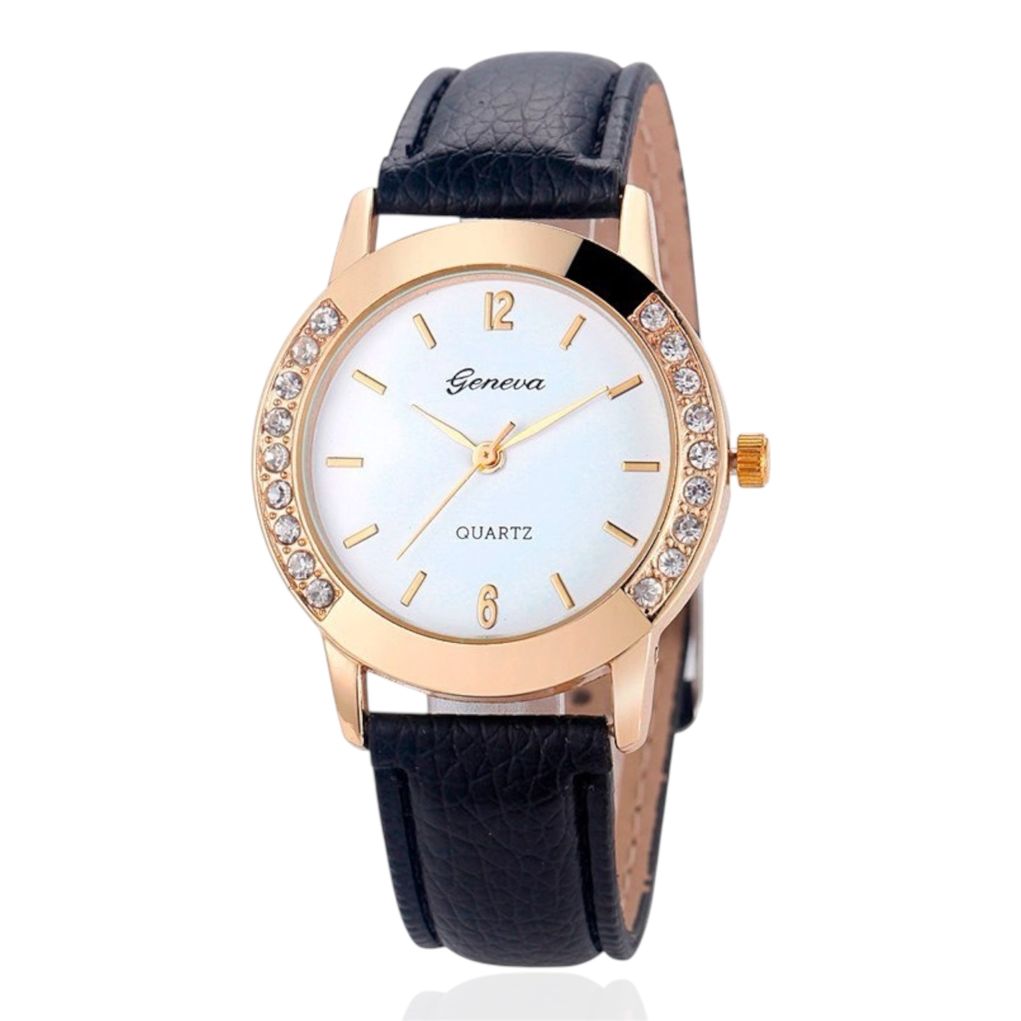 Geneva Fashion Women Watches Leather Band Quartz Watches Stainless Steel Case Rhinestone Crafted Ladies Quartz Watches - Acquisti Online