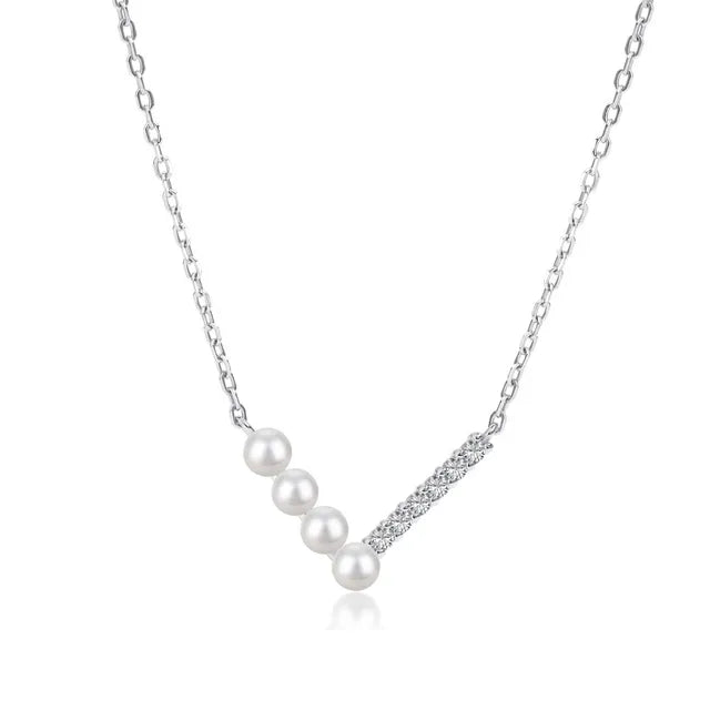 925 Sterling Silver V-shaped Pearl Zircon Necklace French Light Luxury high-end Simple Clavicle Chain Fine Jewelry