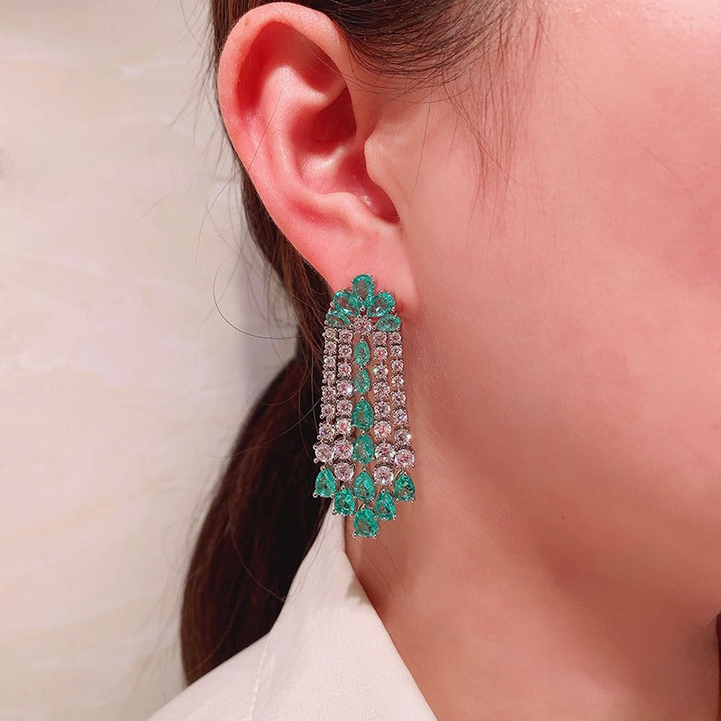 Green diamond flower earrings, elegant long tassel silver needle earrings