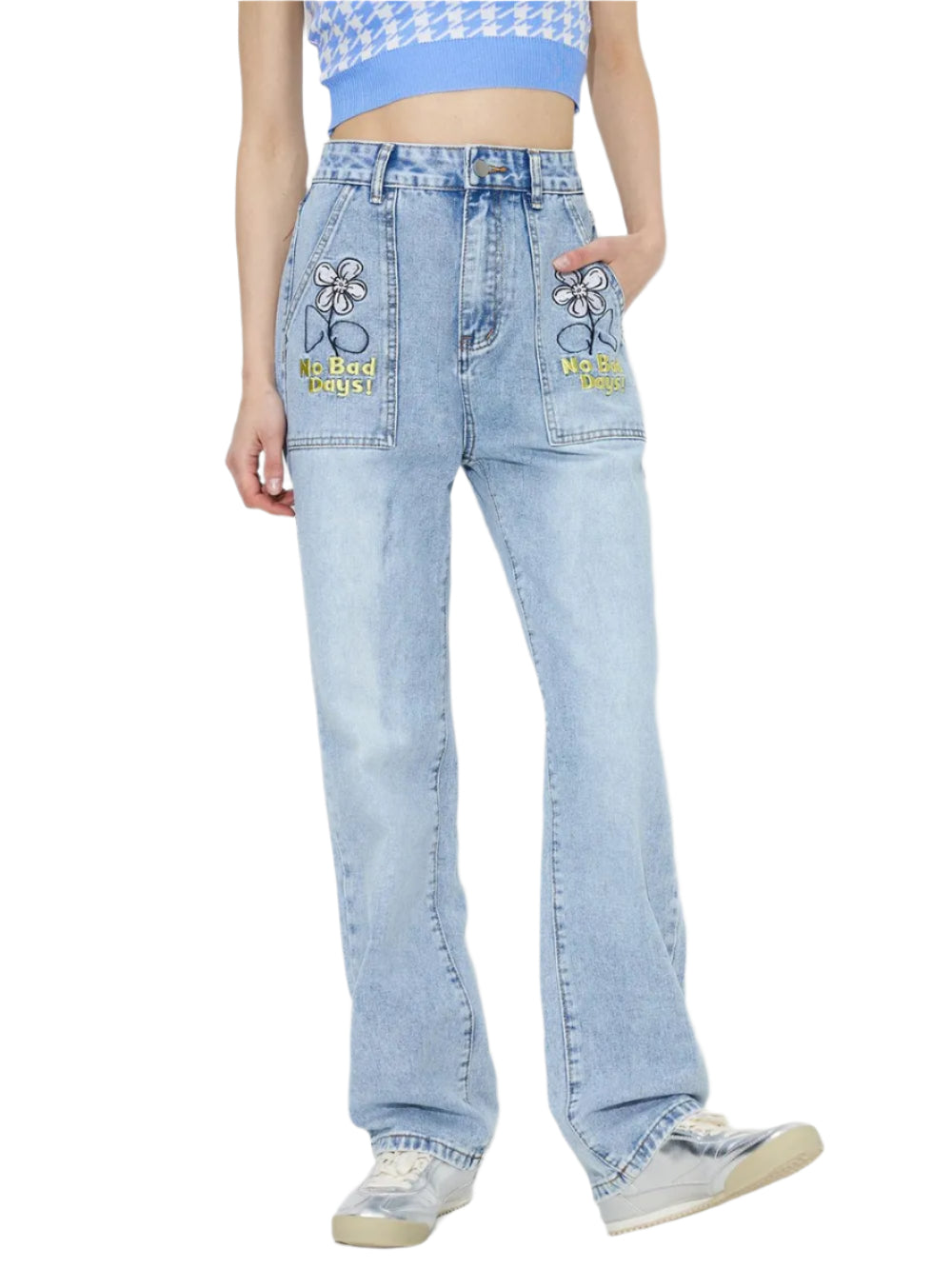 Straight embroidered loose high waisted denim pants