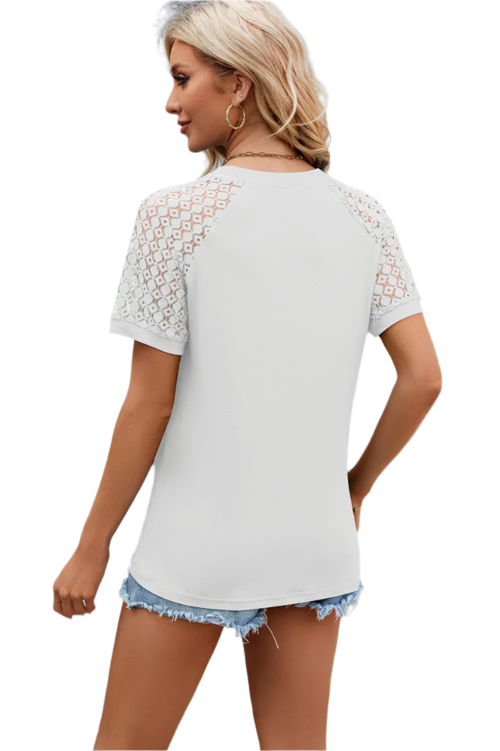 T-shirttop met ronde hals, kantpatchwork en korte mouwen voor dames