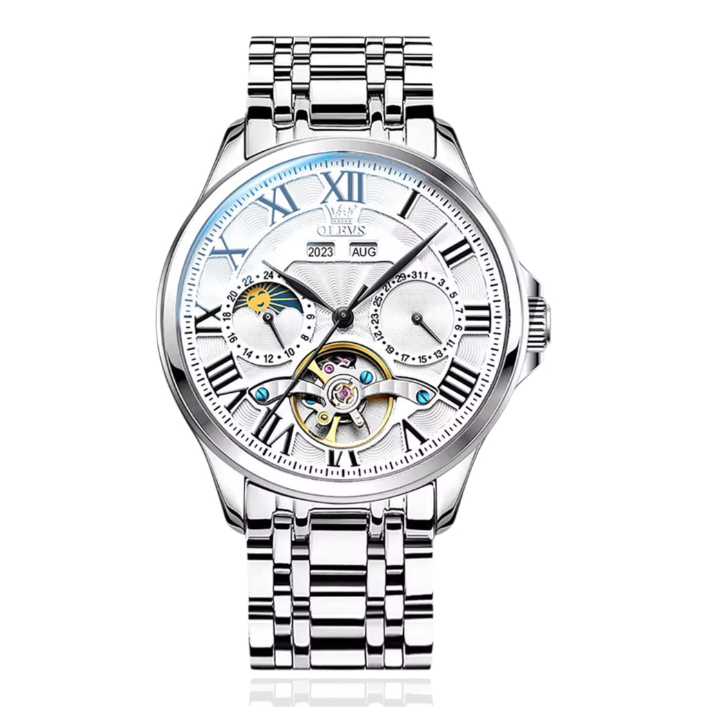 OLEVS 7013 New Moon Phase Mechanical Watch for Men Roman Scale Hollow Flywheel Automatic Watch Men Waterproof Wristwatch - Acquisti Online