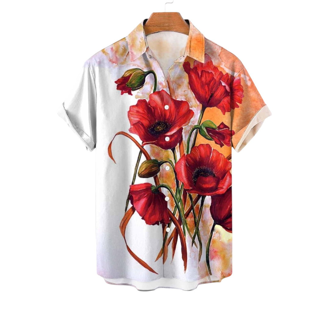 Camicia casual alla moda da uomo in fibra di poliestere tinta unita con motivo floreale, abbigliamento da uomo in stile marittimo, camicia casual stampata