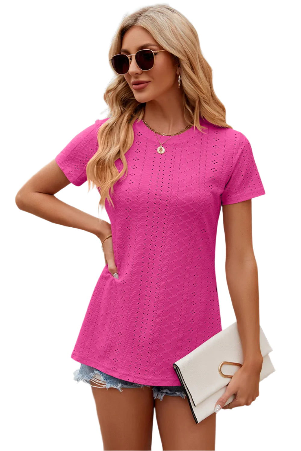 Effen ronde hals, losse T-shirt met korte mouwen en split voor dames