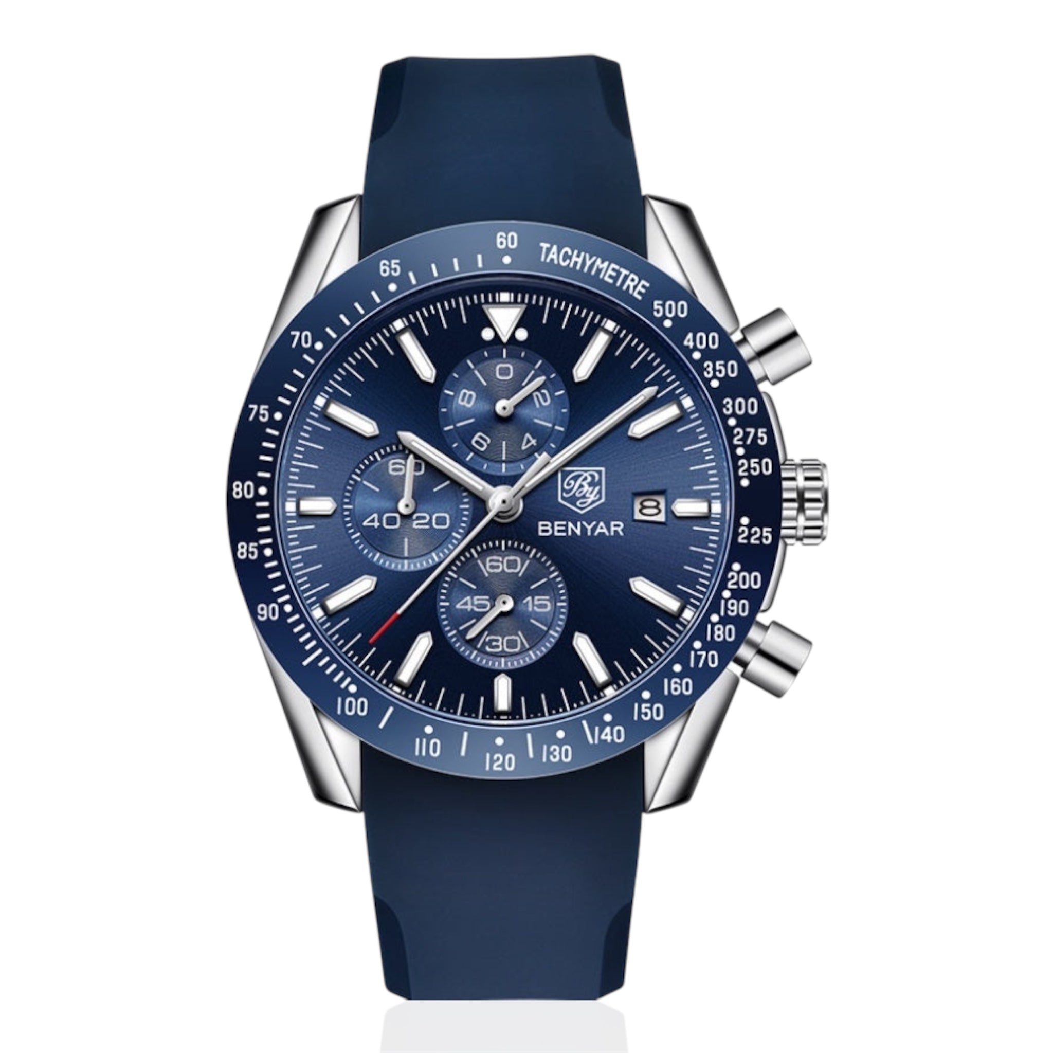 Blue watch with silver accents on a white background