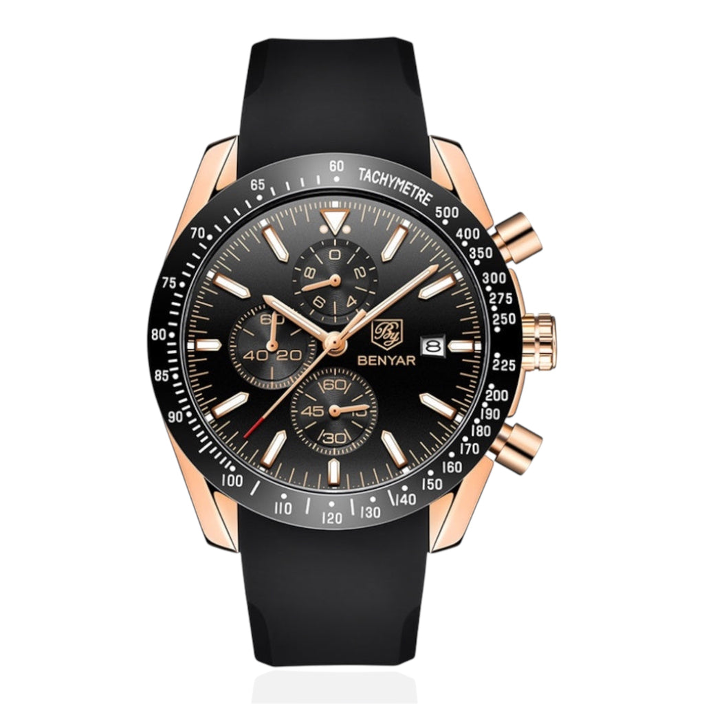 Black and rose gold watch with detailed face on a white background