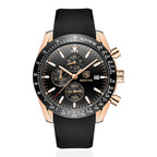 Black and rose gold watch with detailed face on a white background