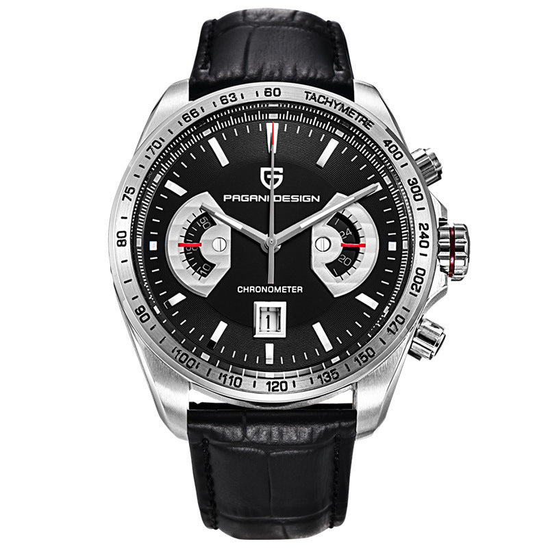A PAGANI DESIGN quartz men's watch with a silver stainless steel case and a brown leather band.