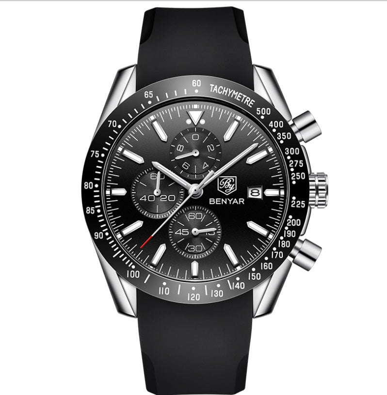 A men's quartz watch with a blue strap and rose gold case, featuring a blue dial with multiple subdials and a tachymeter.
