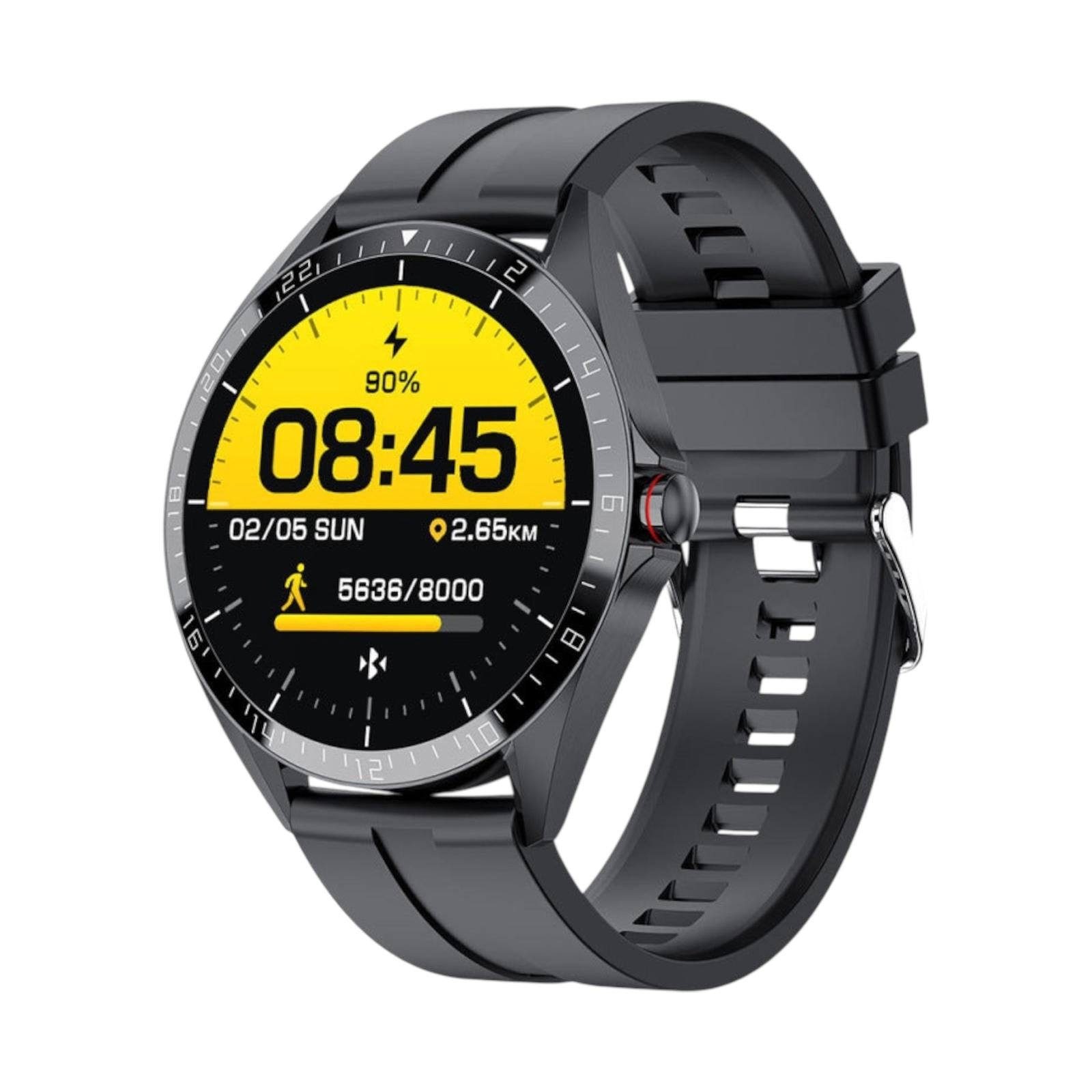 Smartwatch with a black strap and yellow display on a white background