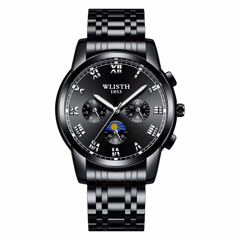 A silver stainless steel watch with a green dial, Roman numerals, and a pin buckle.