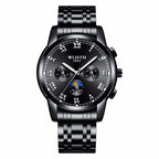 A silver stainless steel watch with a green dial, Roman numerals, and a pin buckle.