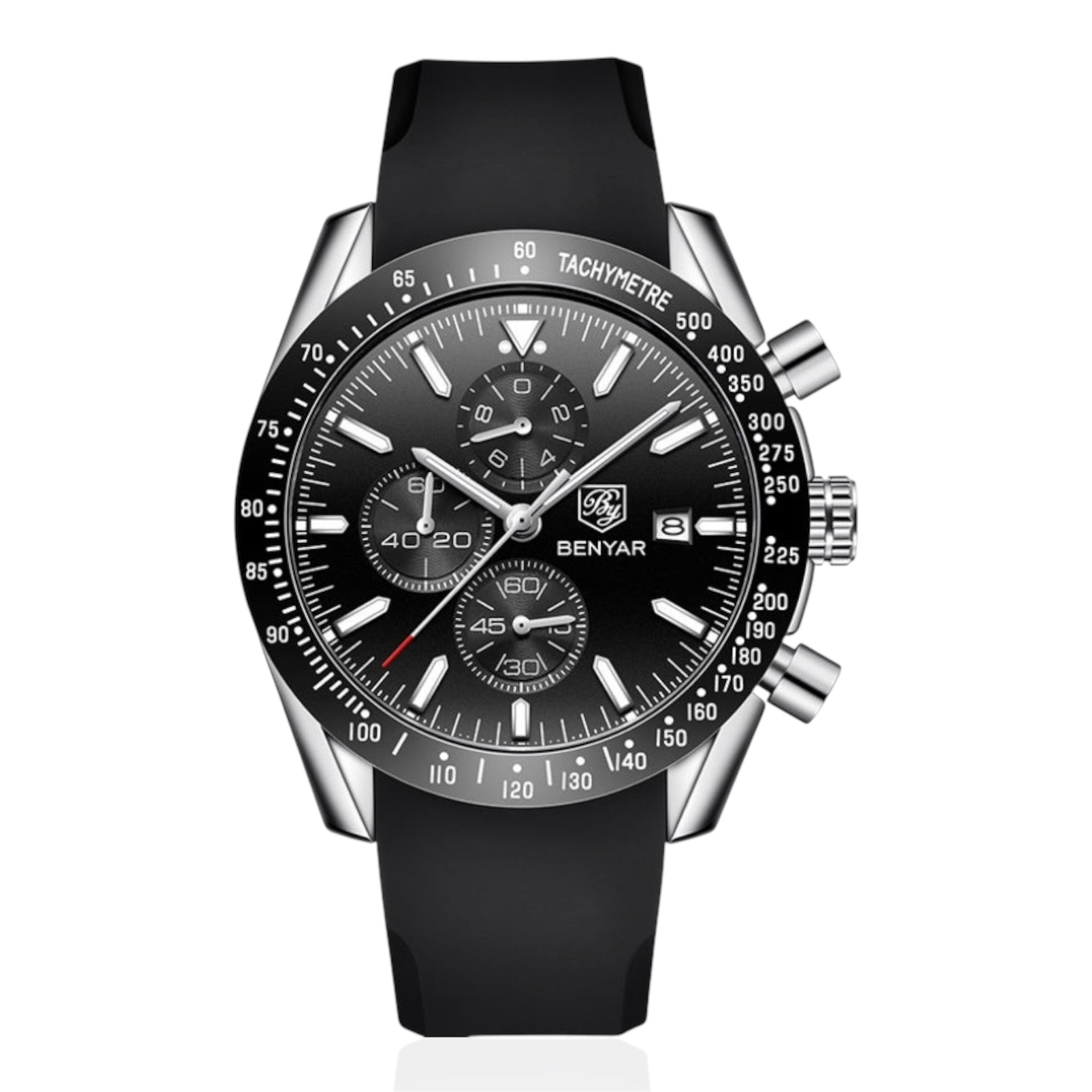 Black wristwatch with detailed face on a white background