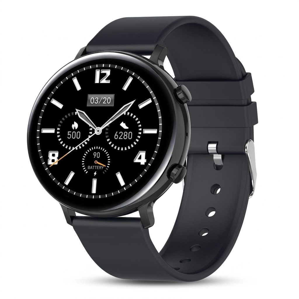 Black smartwatch with a detailed display on a white background