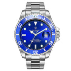 A silver stainless steel men's quartz watch with a green dial and luminous hands, a date display, and a stainless steel bracelet.