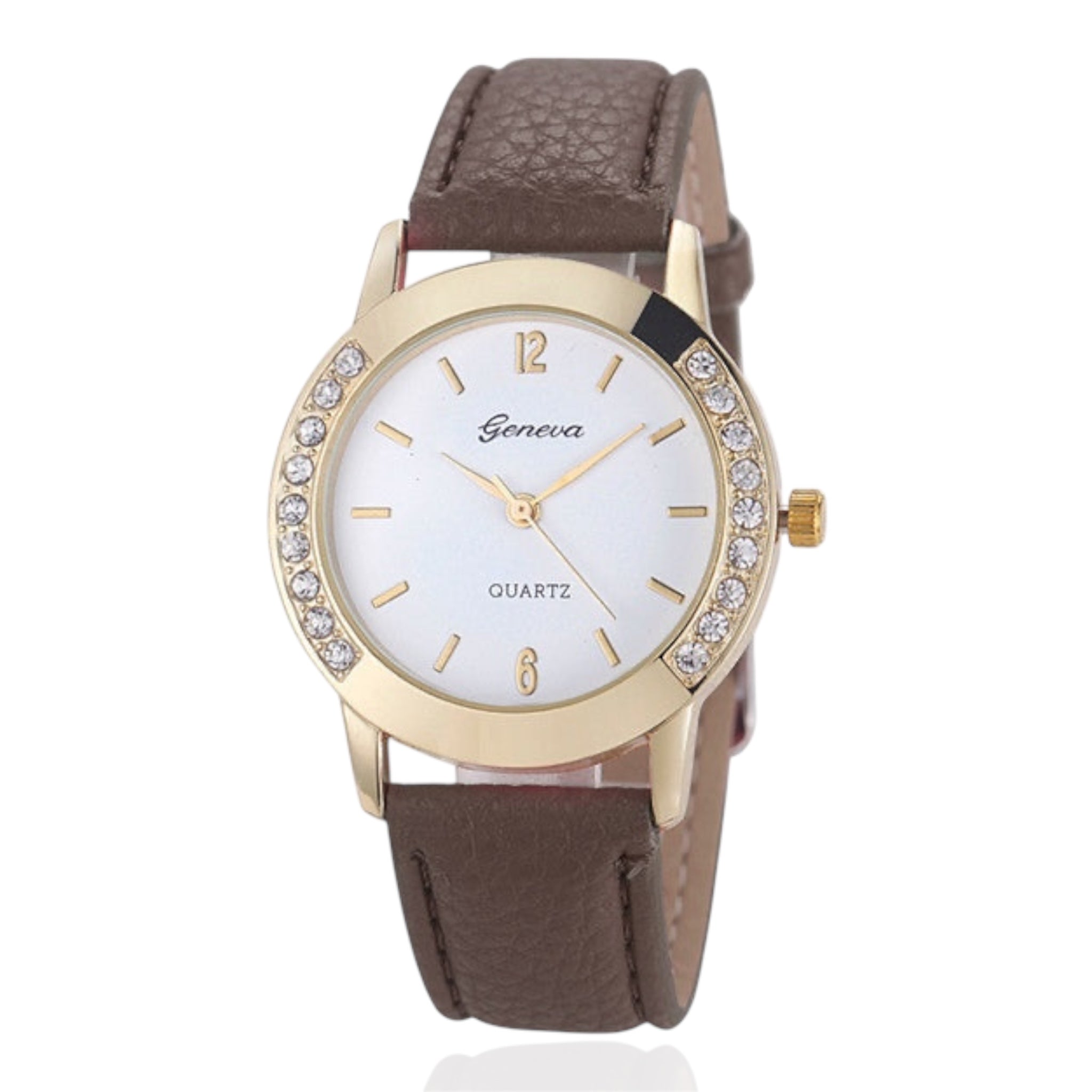 Geneva Fashion Women Watches Leather Band Quartz Watches Stainless Steel Case Rhinestone Crafted Ladies Quartz Watches - Acquisti Online