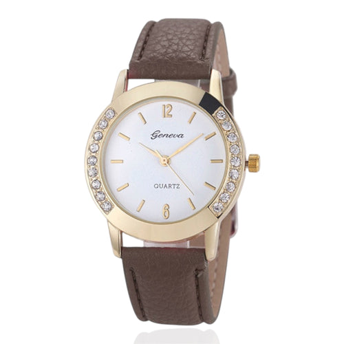 Geneva Fashion Women Watches Leather Band Quartz Watches Stainless Steel Case Rhinestone Crafted Ladies Quartz Watches - Acquisti Online