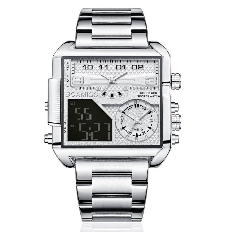 BOAMIGO Luxury Fashion Men's Watche Gold Stainless Steel Sport Square Digital Analog Big Quartz Watch