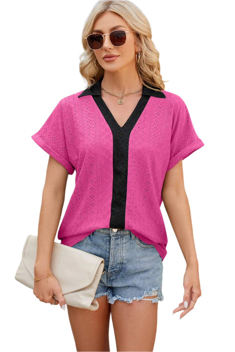 V-hals contrasterende korte mouwen losse T-shirt top voor dames
