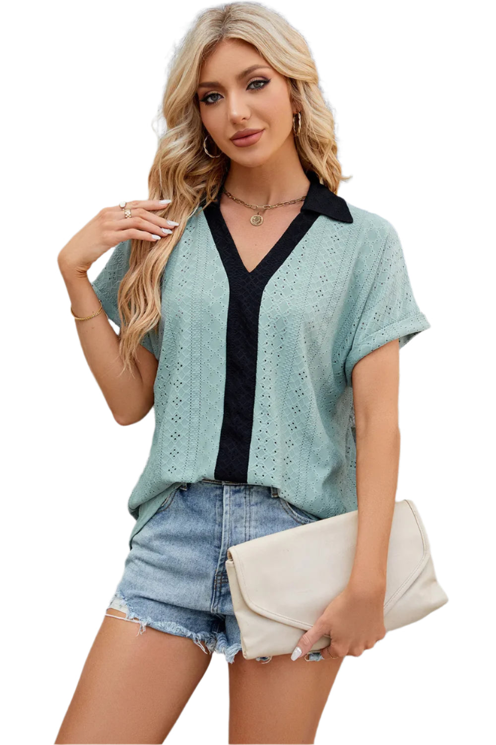 V-hals contrasterende korte mouwen losse T-shirt top voor dames