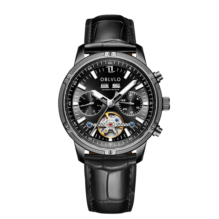 Orologio automatico da uomo OBLVLO con tourbillon meccanico, cinturino in acciaio inossidabile luminoso, orologio con calendario impermeabile in zaffiro