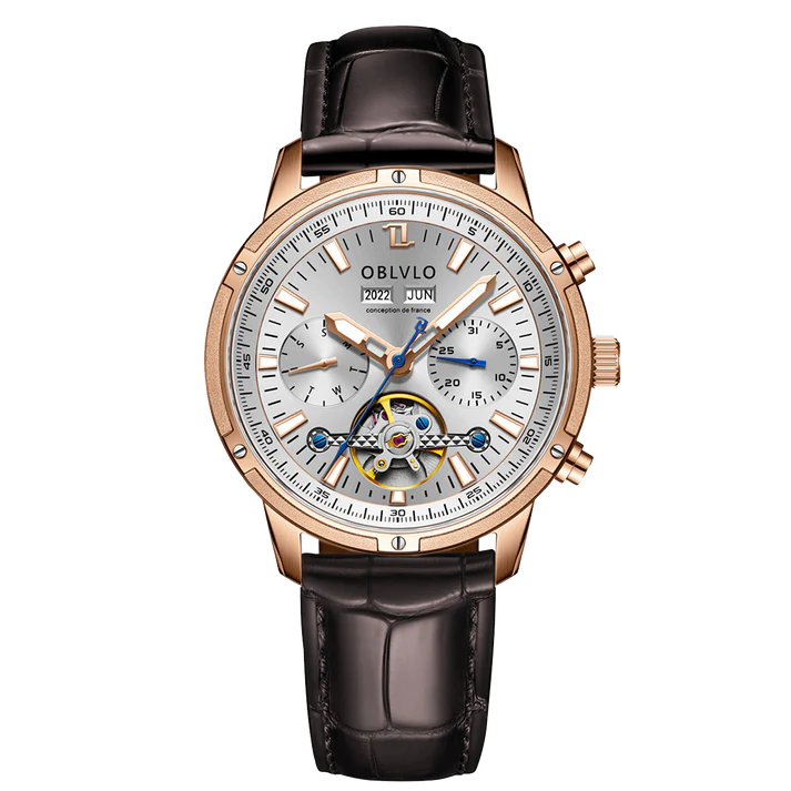 Orologio automatico da uomo OBLVLO con tourbillon meccanico, cinturino in acciaio inossidabile luminoso, orologio con calendario impermeabile in zaffiro