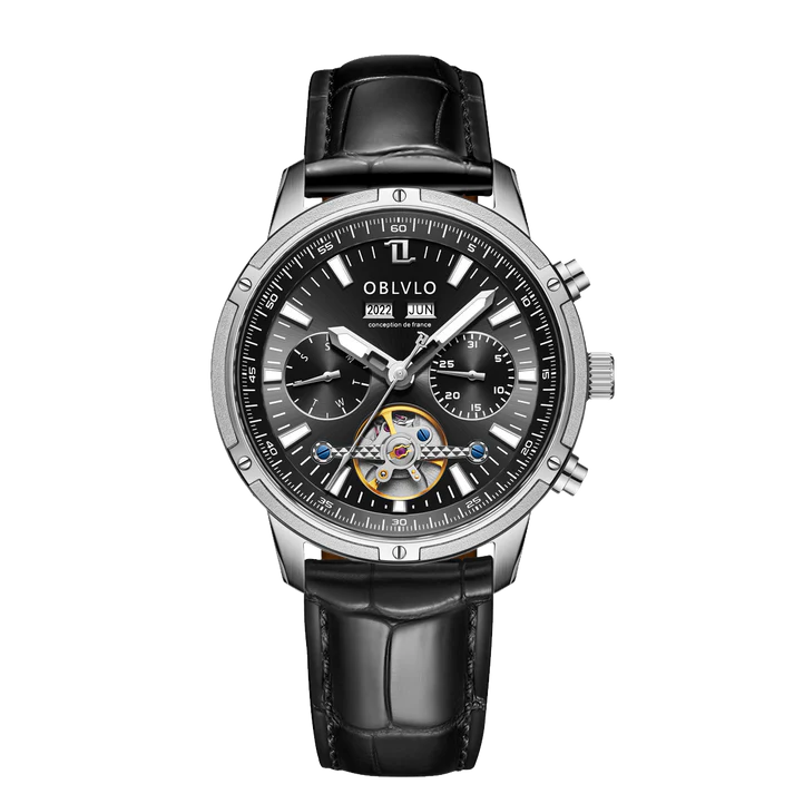 Orologio automatico da uomo OBLVLO con tourbillon meccanico, cinturino in acciaio inossidabile luminoso, orologio con calendario impermeabile in zaffiro