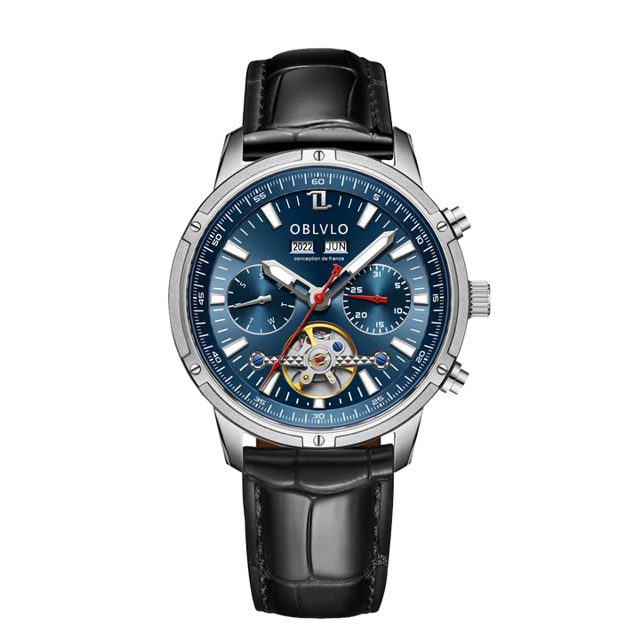 Orologio automatico da uomo OBLVLO con tourbillon meccanico, cinturino in acciaio inossidabile luminoso, orologio con calendario impermeabile in zaffiro