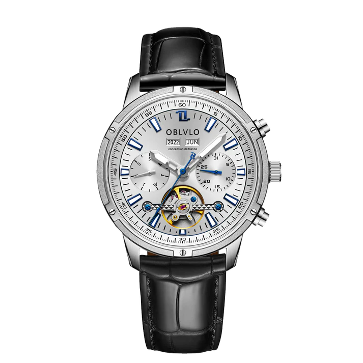 Orologio automatico da uomo OBLVLO con tourbillon meccanico, cinturino in acciaio inossidabile luminoso, orologio con calendario impermeabile in zaffiro
