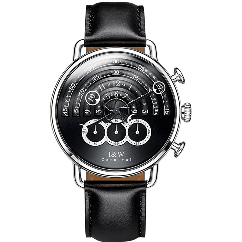A stylish silver-toned watch with a blue dial and brown leather strap, featuring a sapphire crystal glass mirror and a pin buckle.