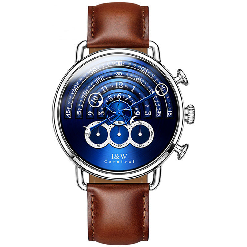 A stylish silver-toned watch with a blue dial and brown leather strap, featuring a sapphire crystal glass mirror and a pin buckle.