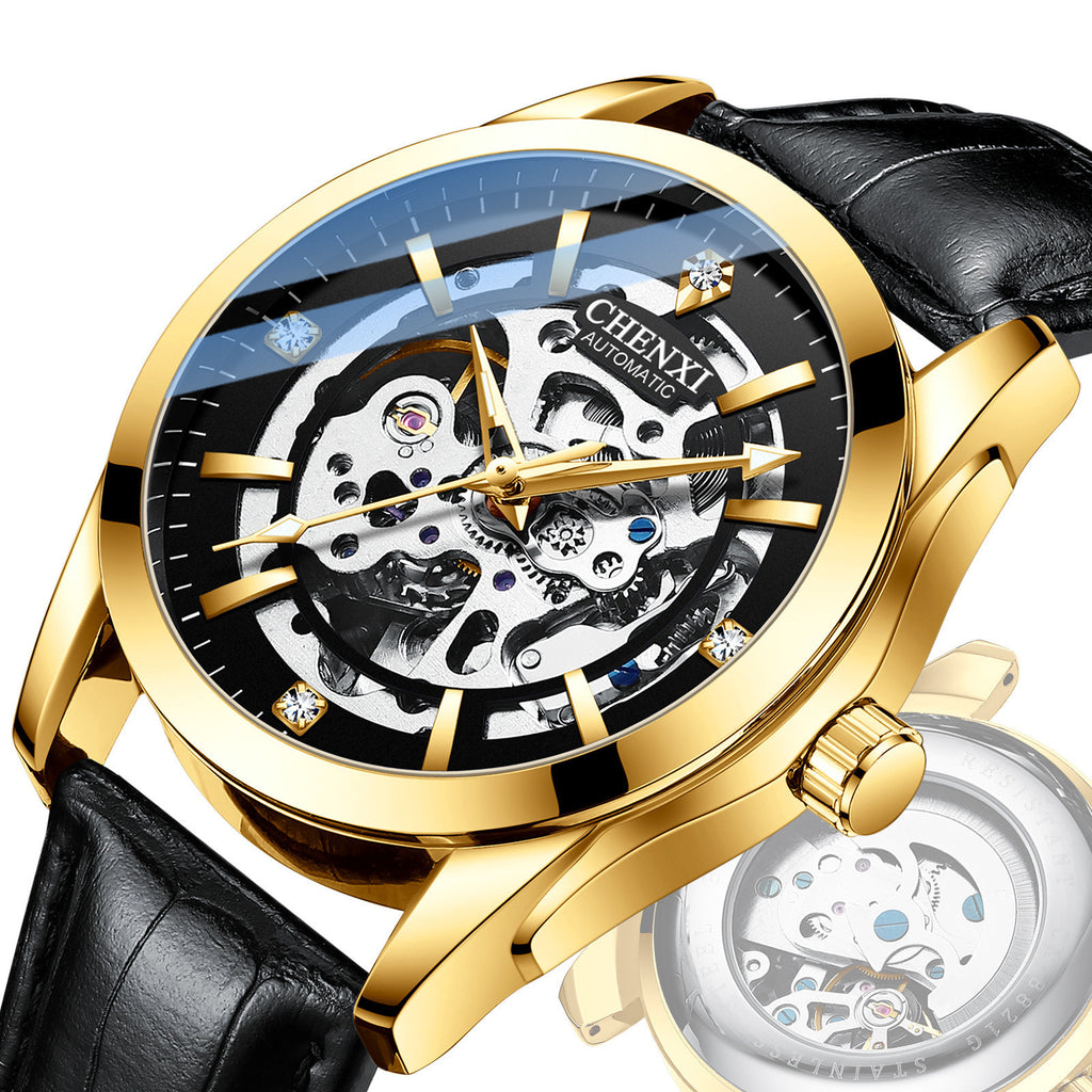 Chenxi Men's Automatic Watch Leather Strap Mechanical Movement Hollow Luminous Waterproof Man Watch