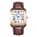 A square-shaped women's watch with a brown leather strap, black dial, and gold-colored case.