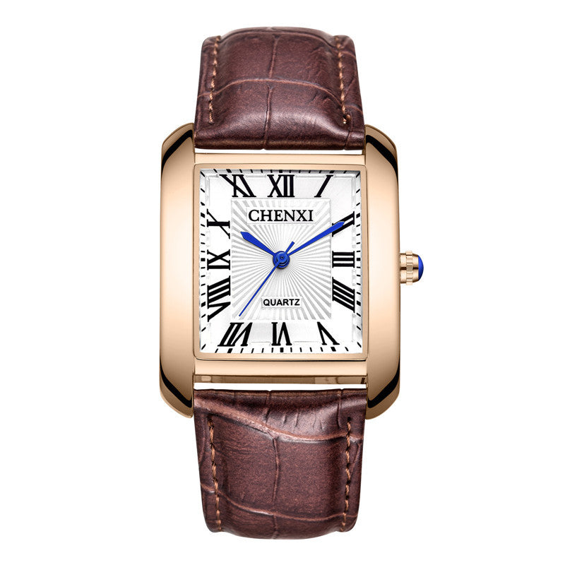 A square-shaped women's watch with a brown leather strap, black dial, and gold-colored case.